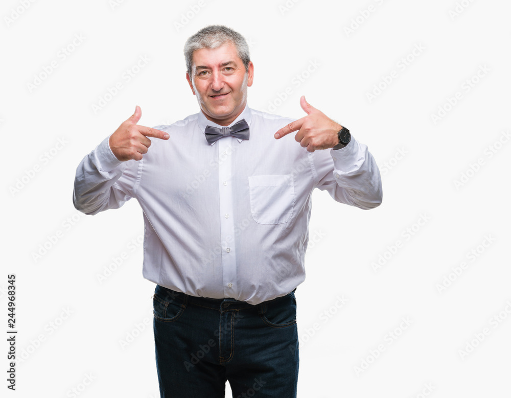 Handsome senior man wearing bow tie over isolated background looking confident with smile on face, pointing oneself with fingers proud and happy. Handsome senior man wearing bow tie over isolated background looking confident with smile on face, pointing oneself with fingers proud and happy.