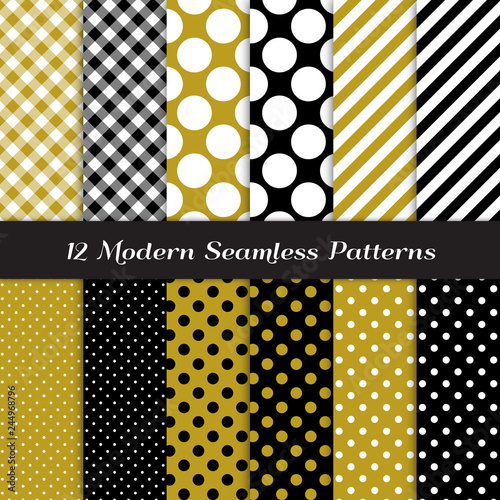 Gold, Black and White Gingham, Polka Dot and Candy Stripes Patterns. Modern Neutral Geometric Backgrounds. Basic Textile Prints. Repeating Pattern Tile Swatches Included.