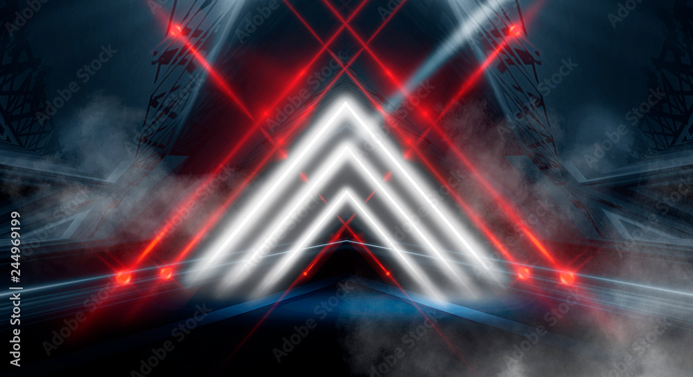 Obraz premium &nbsp; Abstract black tunnel with a light pyramid, neon triangle, smoke, wet asphalt, night view.