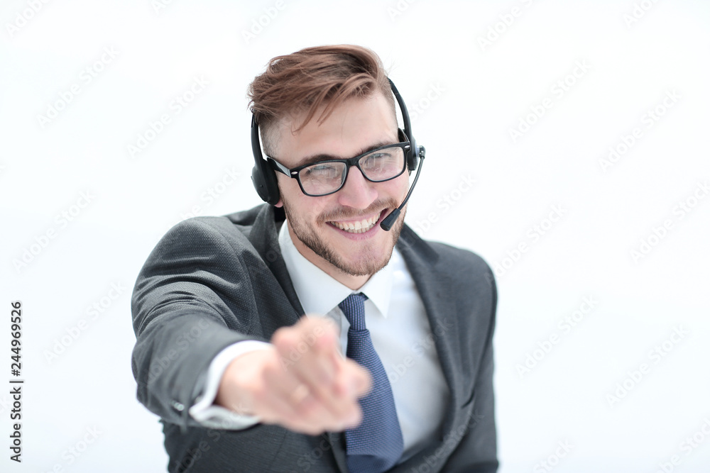 close up.confident call center employee pointing to you close up.confident call center employee pointing to you