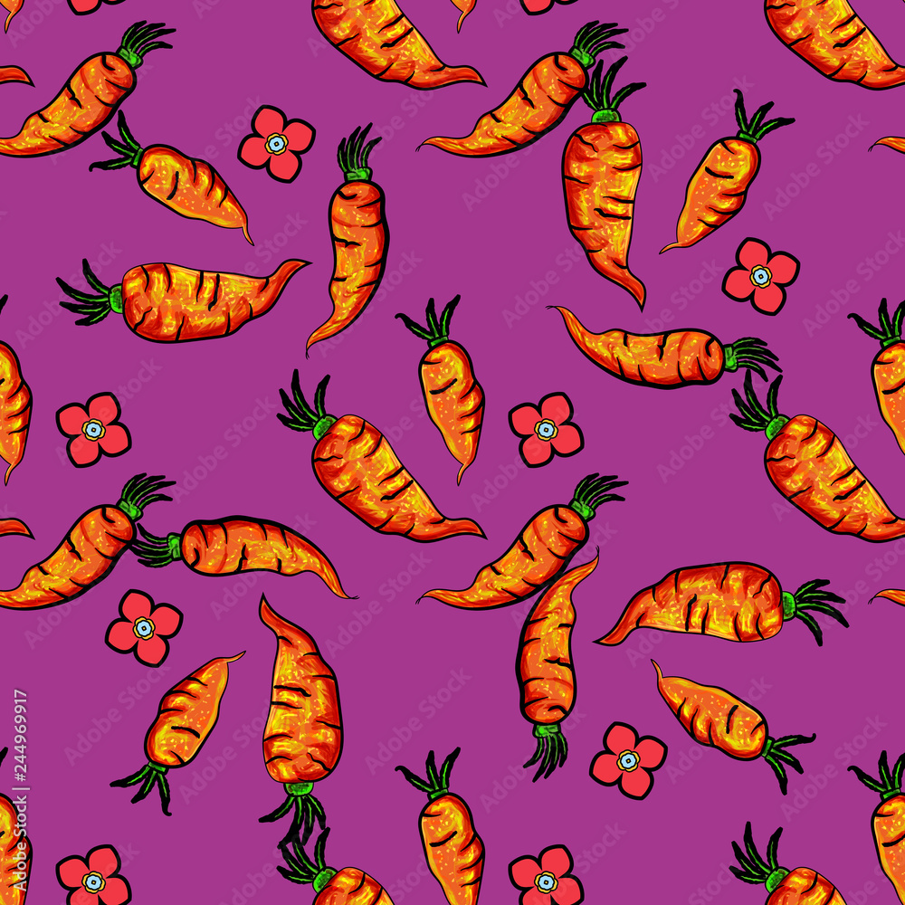 Seamless pattern with carrots cute orange on violet background. It can be used for packaging, wrapping paper, textile and etc. Vector background. - Vector Seamless pattern with carrots cute orange on violet background. It can be used for packaging, wrapping paper, textile and etc. Vector background. - Vector