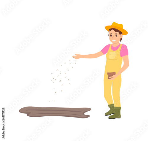 Farmer Farming Woman Sowing Vector Illustration