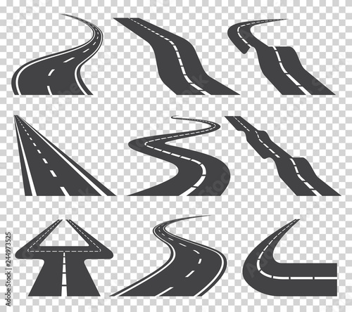 Winding curved road or highway with markings. Direction, transportation set. Vector illustration
