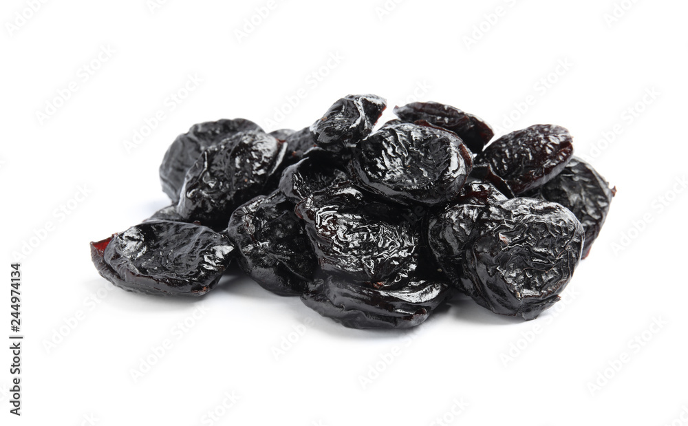 Heap of tasty prunes on white background. Dried fruit as healthy snack Heap of tasty prunes on white background. Dried fruit as healthy snack