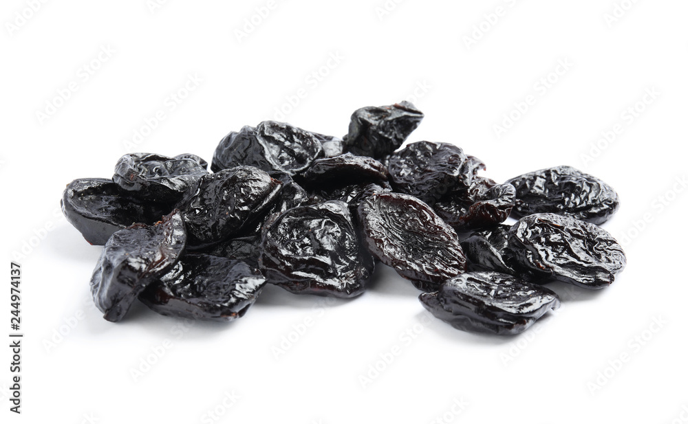 Heap of tasty prunes on white background. Dried fruit as healthy snack Heap of tasty prunes on white background. Dried fruit as healthy snack