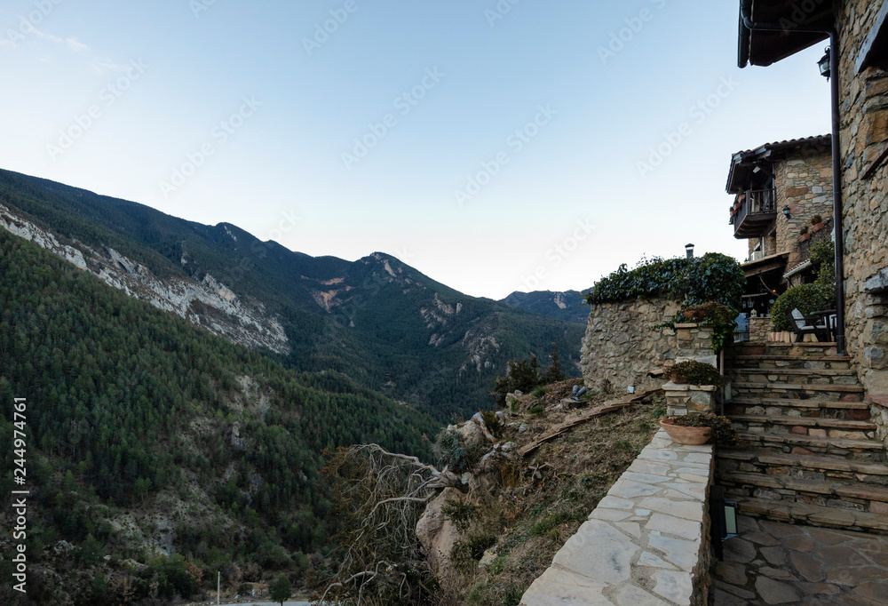Rural farmhouse hotel terrace view on the Pyrenees mountains, Catalonia