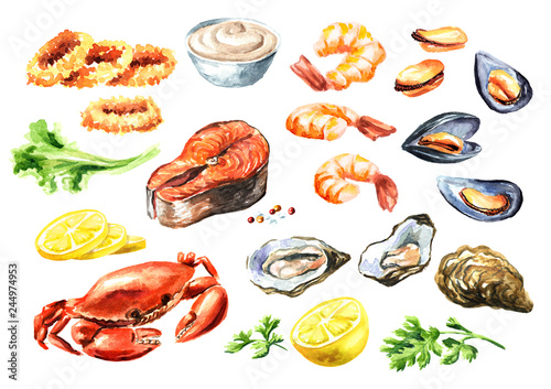 Cooked seafood set with salmon, squid, crab, mussels, oysters, shrimp, lemon and greens, Watercolor hand drawn illustration isolated on white background
