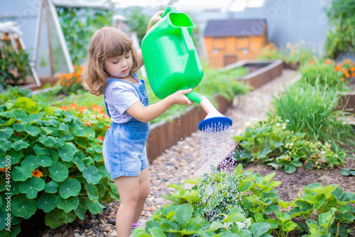 Adorable girl watering plants in the garden