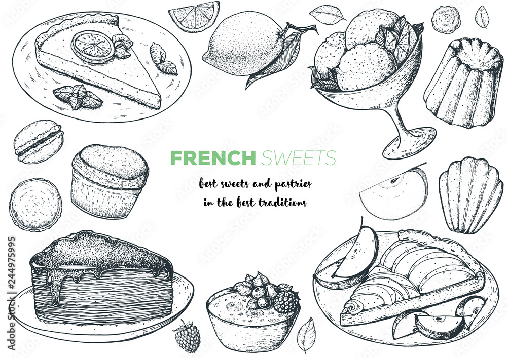 A set of french desserts with lemon tart, faux crepe cake, creme brulee