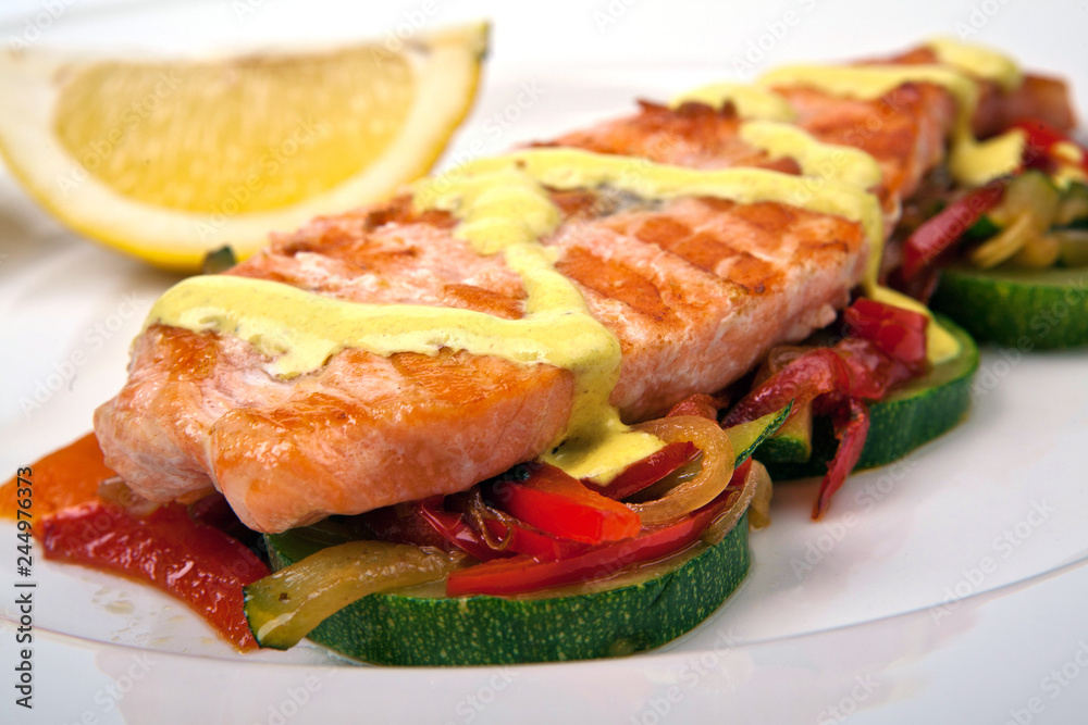 salmon roast with red pepper and eggplant with mustard sauce, macro salmon roast with red pepper and eggplant with mustard sauce, macro