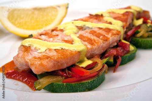 salmon roast with red pepper and eggplant with mustard sauce, macro