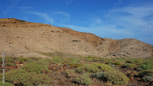 View from the basis of Montana Pelada, an arid volcanic cone formed of fossilized sand dunes, situated at one end of El Medano surf resort in south of Tenerife, Canary Islands, Spain