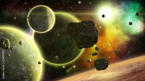 Fantastic space view with rotating planets and flying asteroids. Science fiction art. Seamless