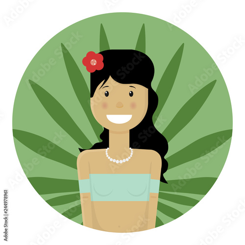 Nice girl with a flower in her hair. Flat style. Beads on the neck. A smile on her face.