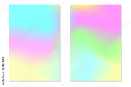 Gradient Hologram Backgrounds. Set of colorful holographic posters in retro style. Vibrant neon pastel texture. Vector gradient template for flyer, banner, mobile screen.