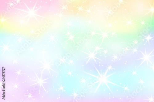 Unicorn rainbow background. Holographic sky in pastel color. Bright mermaid pattern in princess colors. Vector illustration. Fantasy gradient colorful backdrop with rainbow mesh.