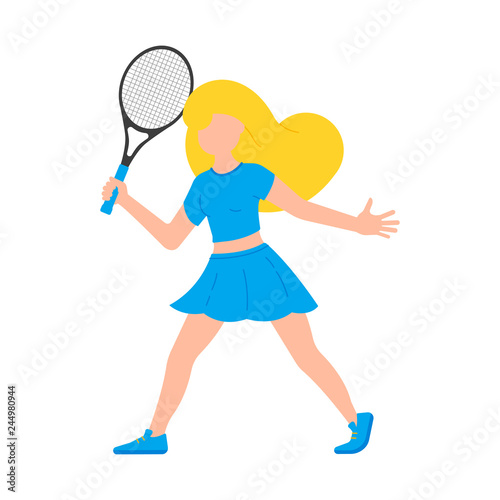 Sporty girl with tennis racket discourages the filing in cartoon