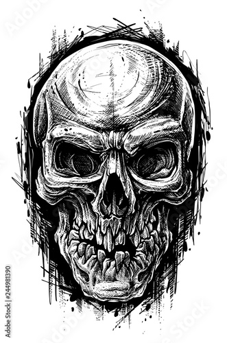 Detailed graphic hand drawn realistic black and white angry human skull with broken teeth. Trash polka style. On white background. Vector icon.