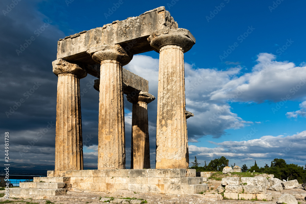 The remains of the Temple of Apollo in the archaeological site of Corinth in Peloponnese, Greece