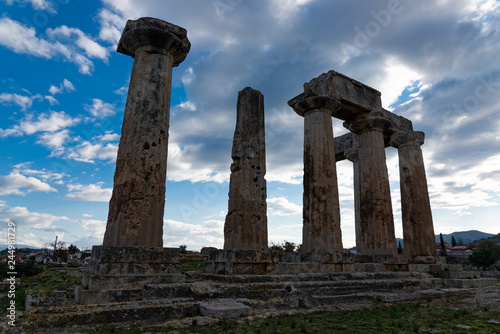 The remains of the Temple of Apollo in the archaeological site of Corinth in Peloponnese, Greece