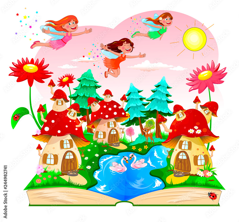 Fairy, book, mushroom house, river, forest. Joyful fairies flying in the sky above the mushroom houses Fairy, book, mushroom house, river, forest. Joyful fairies flying in the sky above the mushroom houses