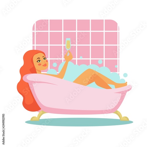 Woman taking bath with champagne glass bathroom