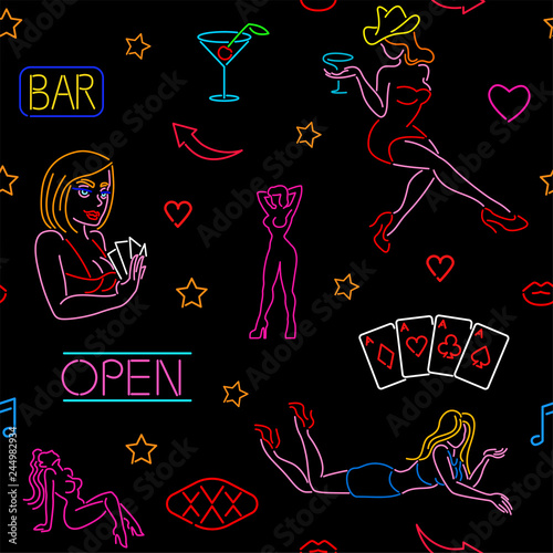 Seamless pattern with neon art, casino, strip club, night club, bar