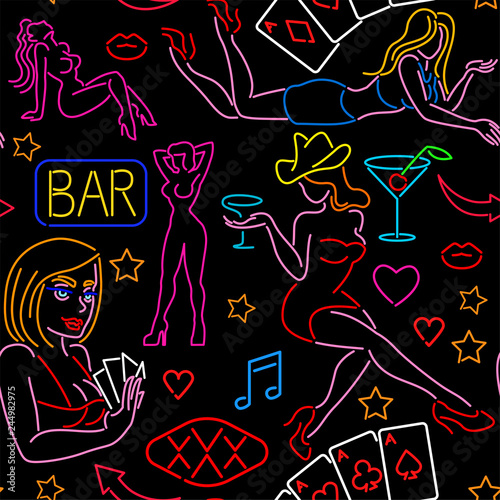 Seamless pattern with neon art, casino, strip club, night club, bar