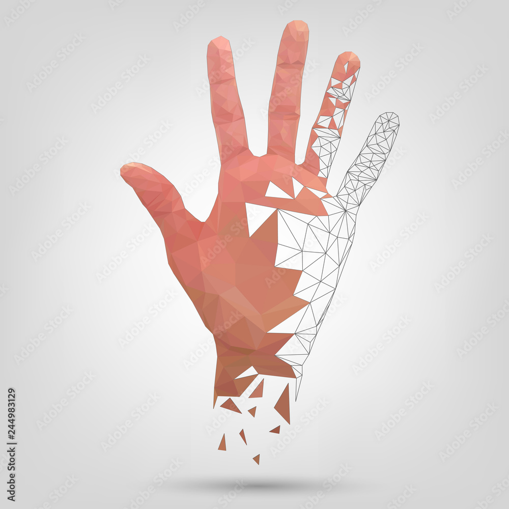 Polygonal wireframe crumbling human palm, give five, hand