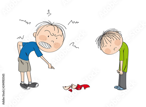 Father angry with his son, pointing his finger at broken cup on the floor, boy is looking sad, waiting to be punished  - original hand drawn illustration