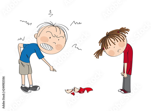Father angry with his daughter, pointing his finger at broken cup on the floor, girl is looking sad, waiting to be punished  - original hand drawn illustration