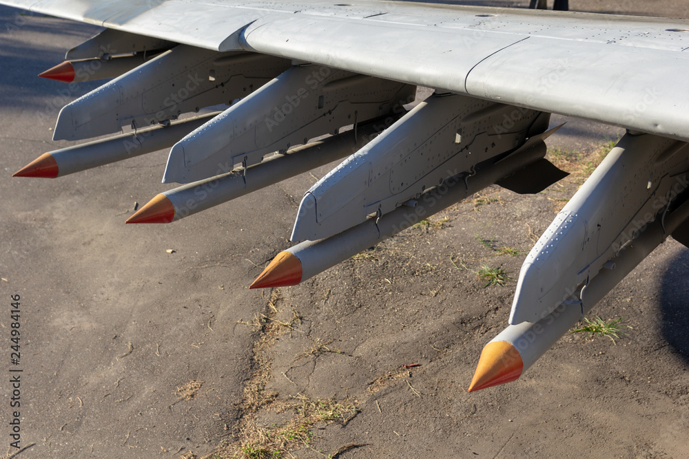 Airtoair missiles on the pylon of the Soviet military aircraft Stock
