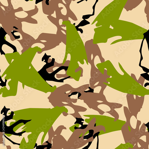 Forest camouflage of various shades of beige, black, green and brown colors