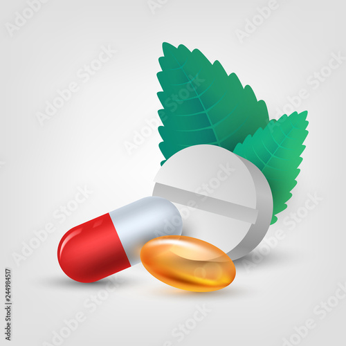 Composition with tablets, drugs, capsules, fish oil, vitamins and mint leaves on a white background, pharmacy