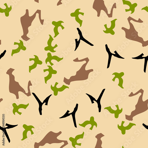 Forest camouflage of various shades of beige, black, green and brown colors