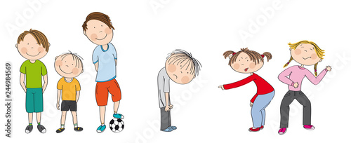 Three boys with ball ready to play football / soccer, two girls bullying sad boy, sneering, offending him. He wants to have friends. Original hand drawn illustration of aggression between children.