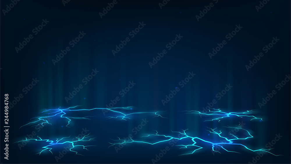 Dark background with blue cracks in the ground, electricity, power