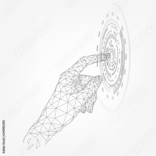 Wireframe human hand touch circle on screen, technology, index finger, triangular palm