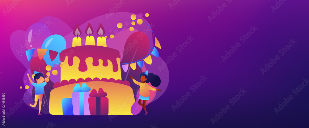 Happy kids at huge cake with candles and gift boxes celebrating birthday party. Kids birthday party, kids party ideas, indoor party spot concept. Header or footer banner template with copy space. Happy kids at huge cake with candles and gift boxes celebrating birthday party. Kids birthday party, kids party ideas, indoor party spot concept. Header or footer banner template with copy space.