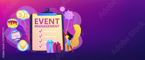 Manager with checklist creating event plan and development. Event management and planning service, how to plan an event, planning software concept. Header or footer banner template with copy space.