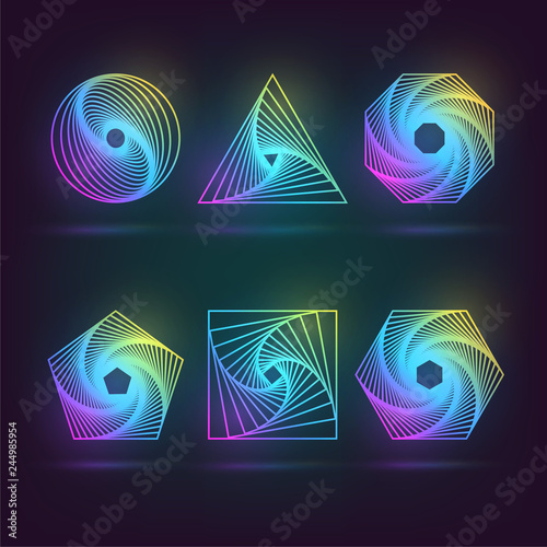 Neon shapes with a spiral, logo on a black background photo