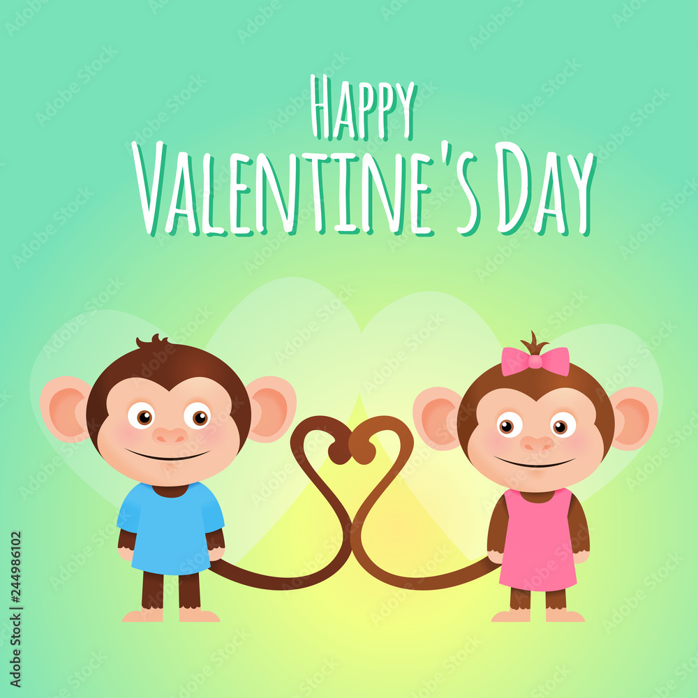 Funny cartoon valentine card with monkey in love couple, vector banner