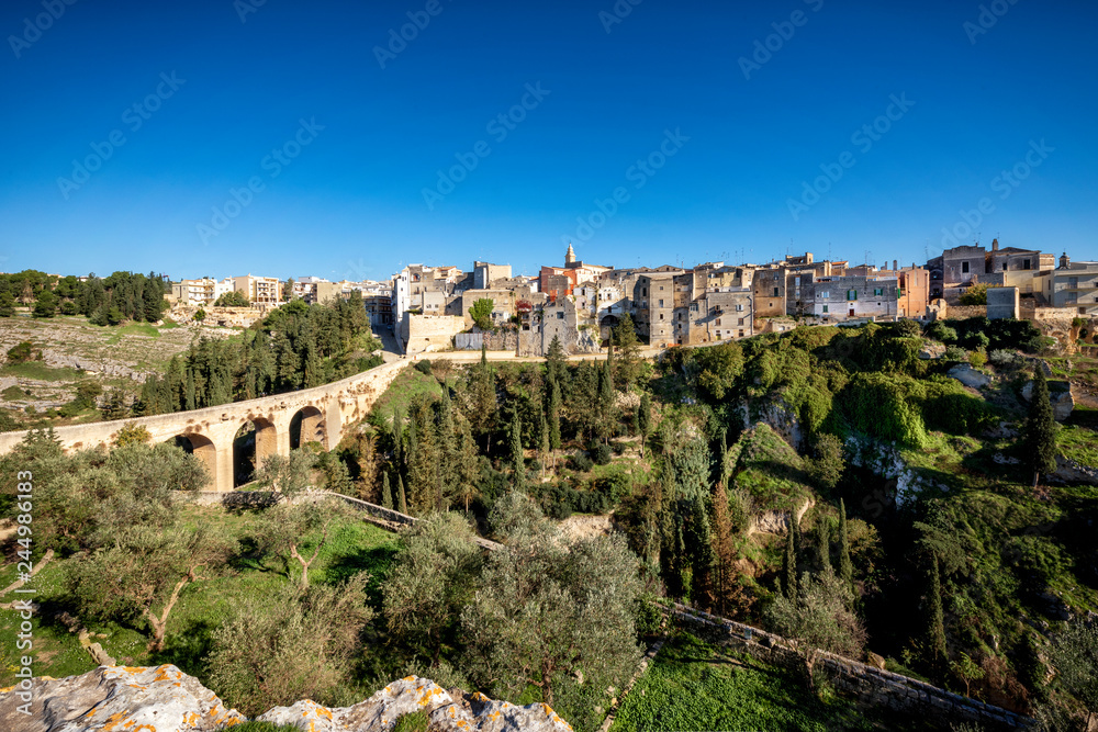 Gravina in Puglia, with the Roman two-level bridge that extends over the canyon. Bari, Apulia, Italy.