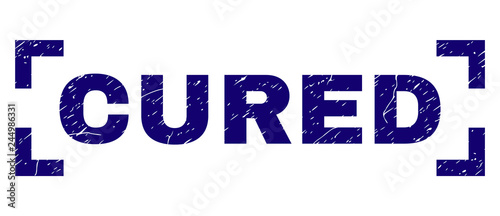 CURED tag seal print with distress effect. Text tag is placed between corners. Blue vector rubber print of CURED with retro texture.