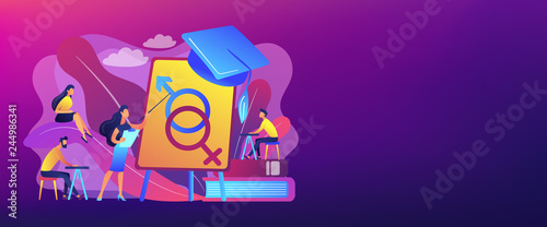 Female teacher at board giving a lesson on sexual education to students. Sex education, sexual health teaching, sex education lesson concept. Header or footer banner template with copy space.