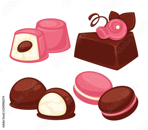 Delicious cakes, soft muffins and crispy macaroons set.