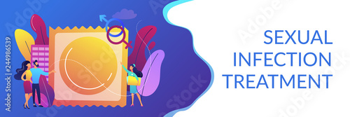 Couple prevent sexually transmitted infections with condom. Sexually transmitted diseases, safer sexual behavior, sexual infection treatment concept. Header or footer banner template with copy space.
