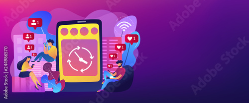 Business people scrolling through newsfeeds, smartphone with clock. Mindlessly scrolling, clicking on applications, social media addiction concept. Header or footer banner template with copy space.