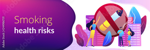 Business woman pointing at no smoking sign and people with cigarettes. Smoking cigarettes, nicotine addiction, smoking health risks concept. Header or footer banner template with copy space.