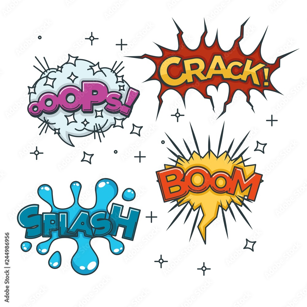 Boom, crash, bang and oh bubble sound blast clouds for cartoon Boom, crash, bang and oh bubble sound blast clouds for cartoon